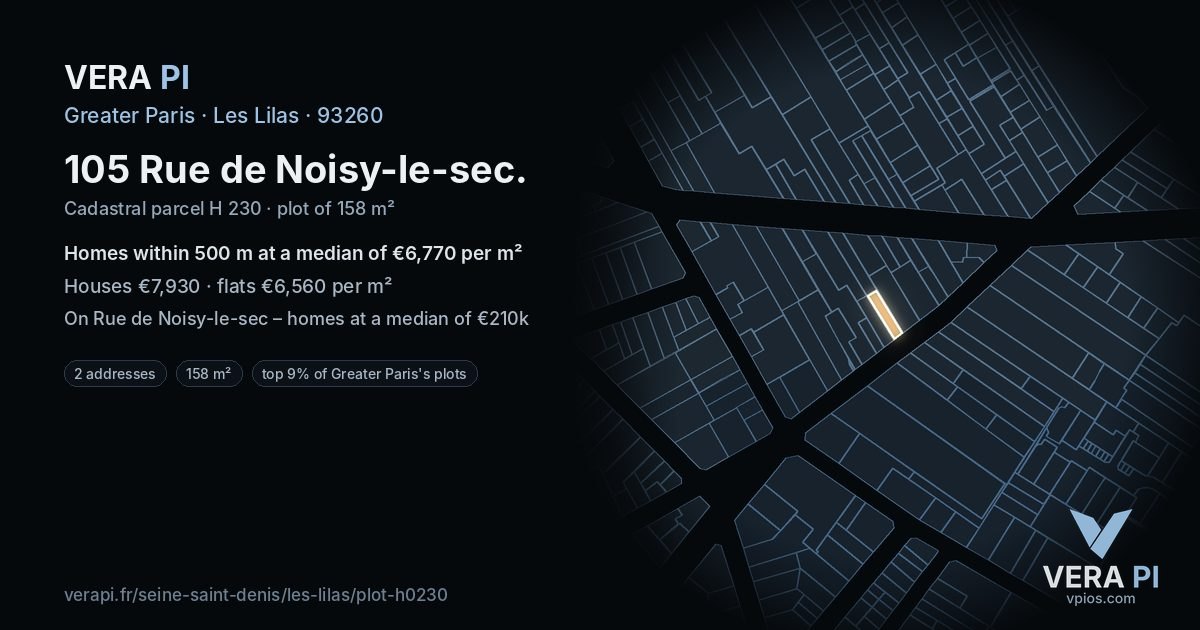 105 Rue de Noisy-le-sec, Les Lilas at night – the plot lit, the parcels around coloured by the prices near them