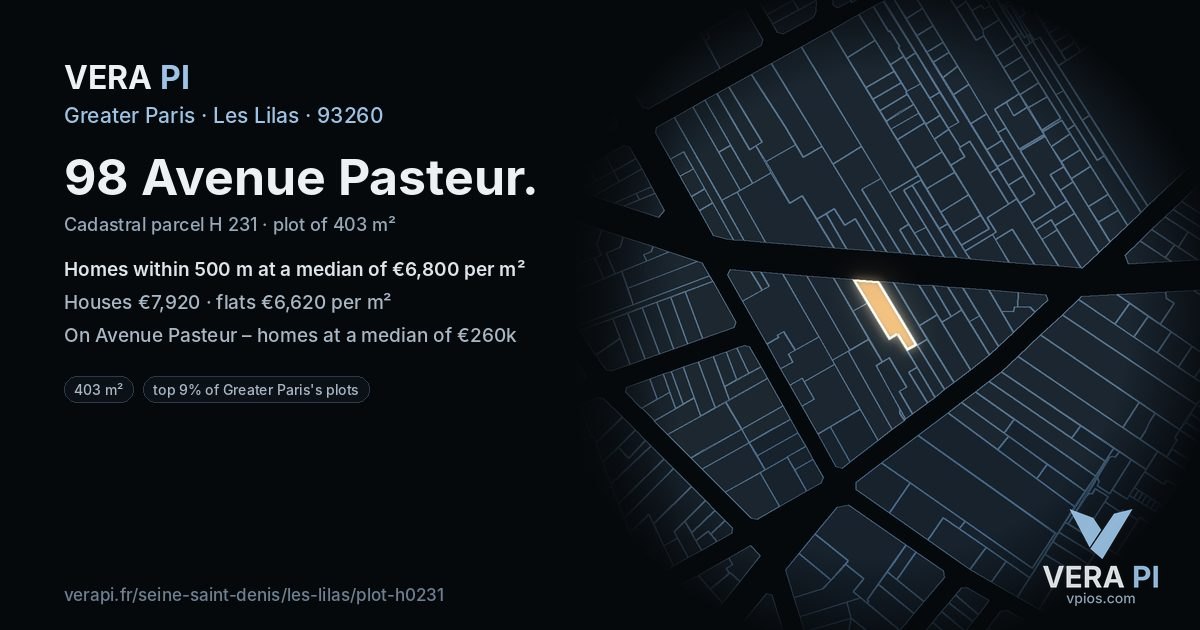 98 Avenue Pasteur, Les Lilas at night – the plot lit, the parcels around coloured by the prices near them