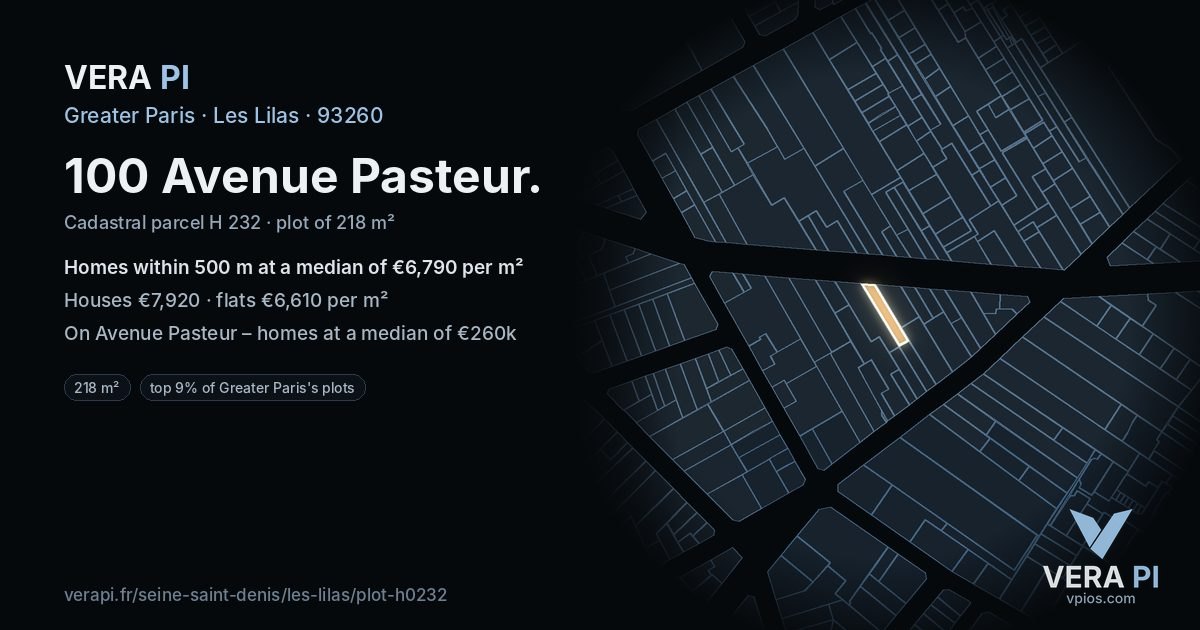 100 Avenue Pasteur, Les Lilas at night – the plot lit, the parcels around coloured by the prices near them