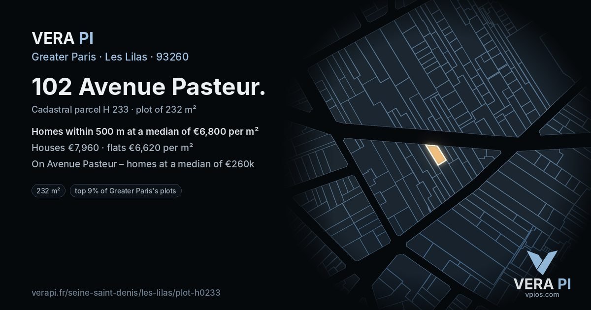 102 Avenue Pasteur, Les Lilas at night – the plot lit, the parcels around coloured by the prices near them