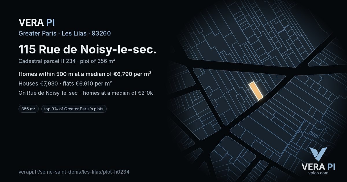 115 Rue de Noisy-le-sec, Les Lilas at night – the plot lit, the parcels around coloured by the prices near them