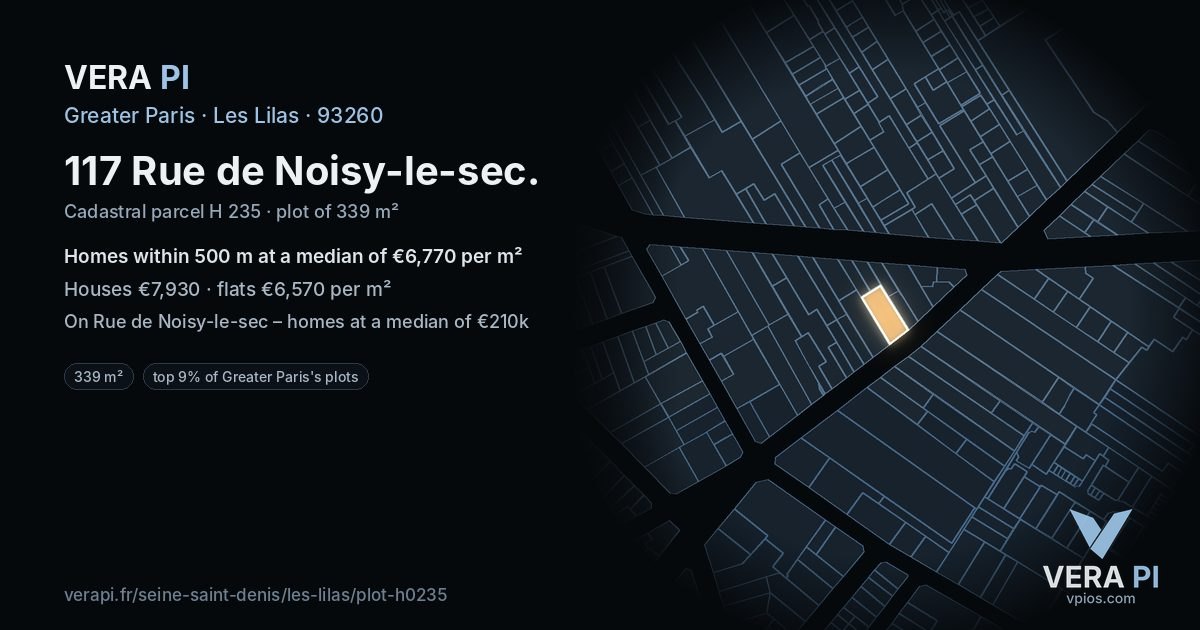 117 Rue de Noisy-le-sec, Les Lilas at night – the plot lit, the parcels around coloured by the prices near them