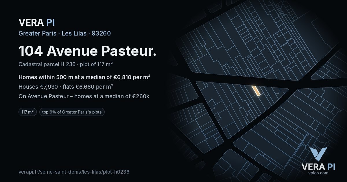 104 Avenue Pasteur, Les Lilas at night – the plot lit, the parcels around coloured by the prices near them