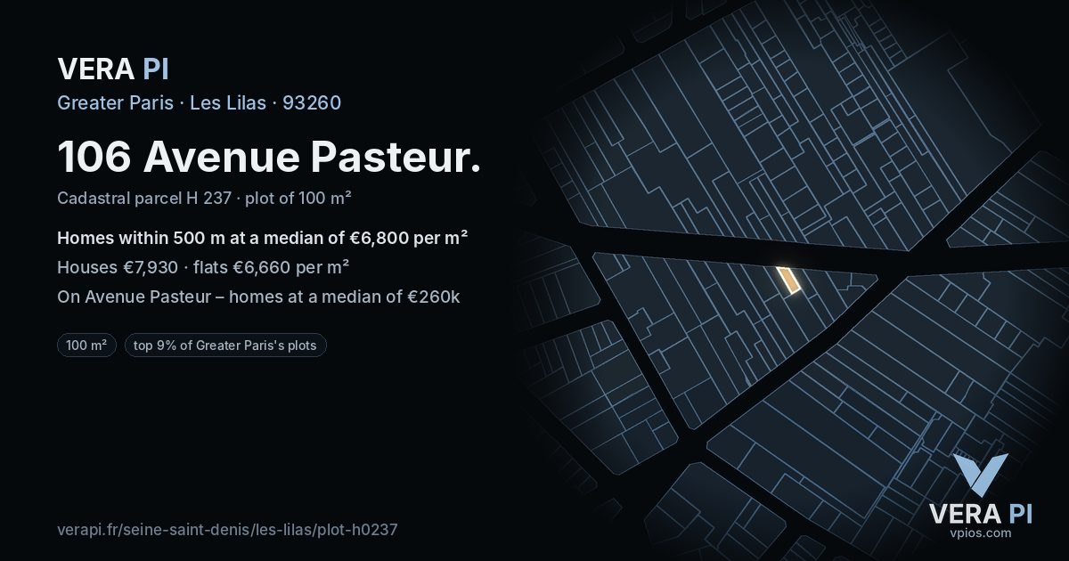 106 Avenue Pasteur, Les Lilas at night – the plot lit, the parcels around coloured by the prices near them