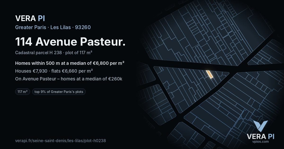 114 Avenue Pasteur, Les Lilas at night – the plot lit, the parcels around coloured by the prices near them