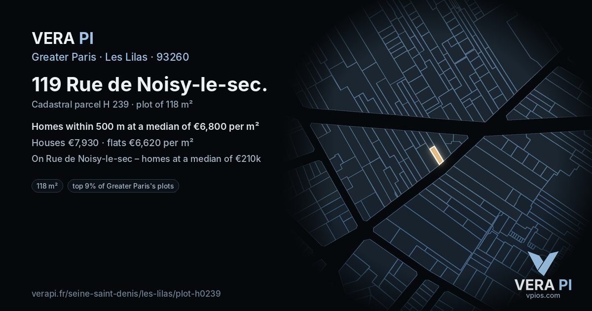 119 Rue de Noisy-le-sec, Les Lilas at night – the plot lit, the parcels around coloured by the prices near them