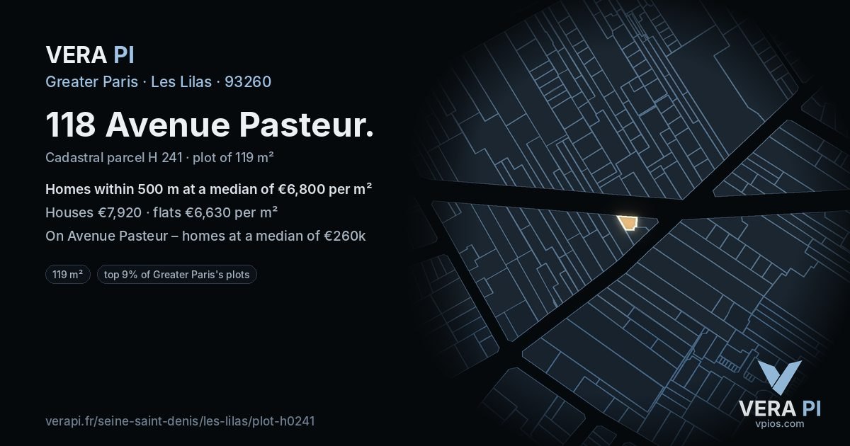 118 Avenue Pasteur, Les Lilas at night – the plot lit, the parcels around coloured by the prices near them