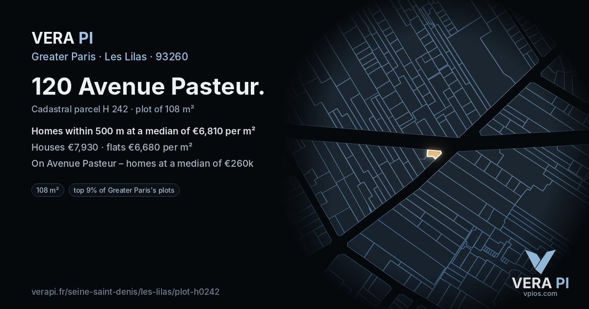 120 Avenue Pasteur, Les Lilas at night – the plot lit, the parcels around coloured by the prices near them