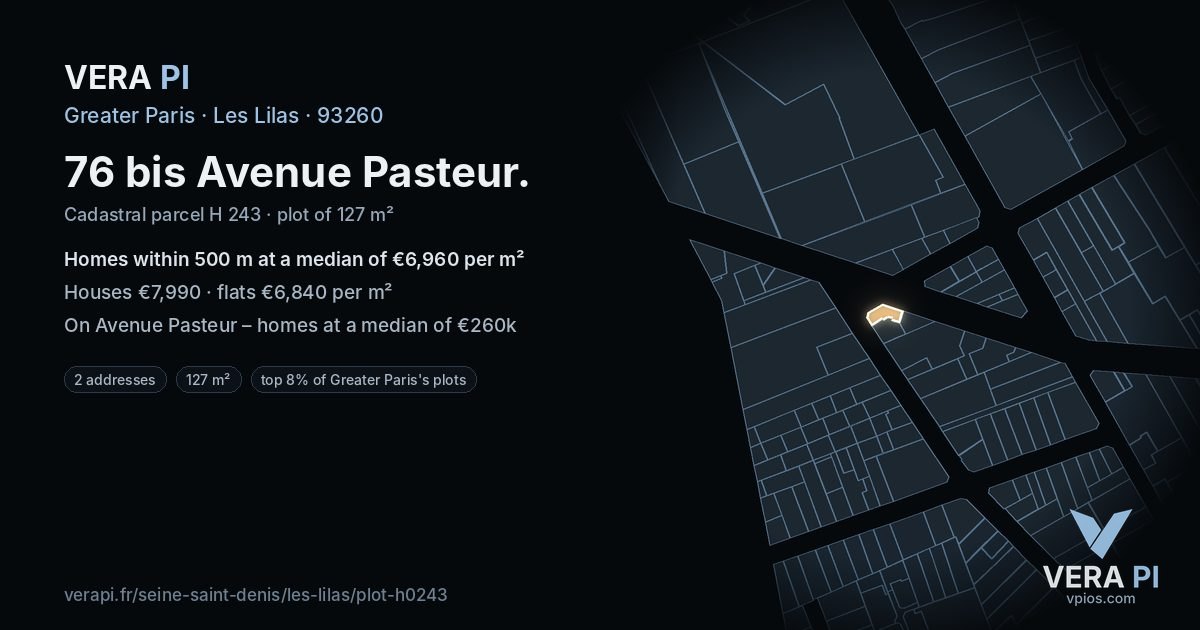 76 bis Avenue Pasteur, Les Lilas at night – the plot lit, the parcels around coloured by the prices near them