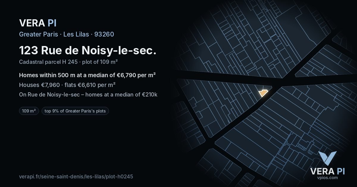 123 Rue de Noisy-le-sec, Les Lilas at night – the plot lit, the parcels around coloured by the prices near them