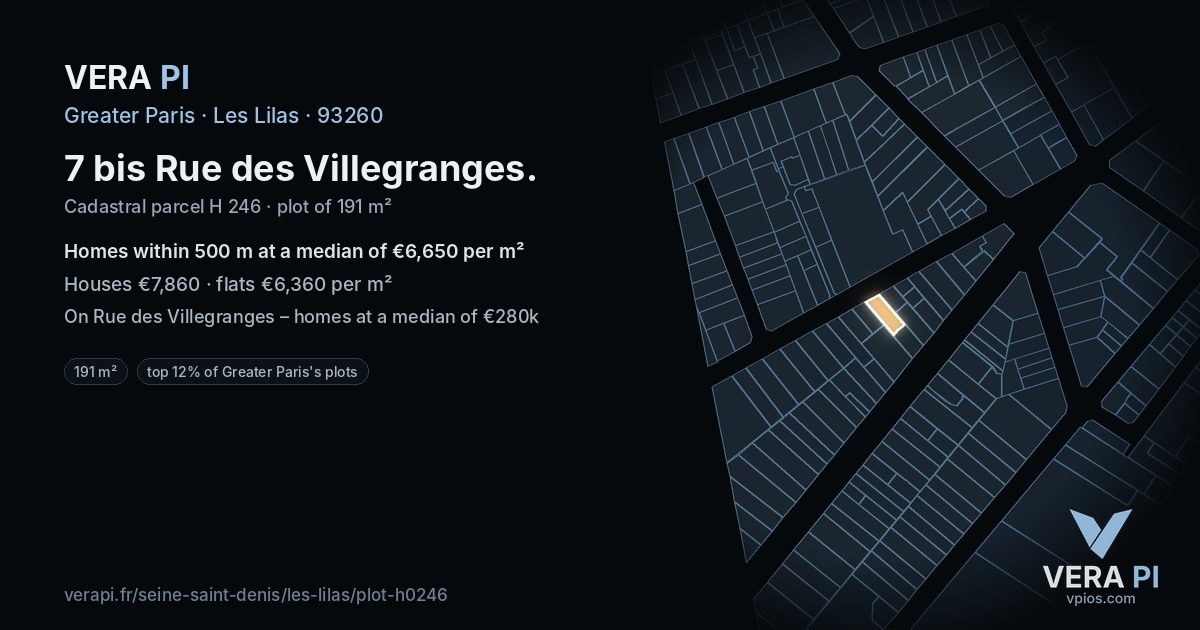 7 bis Rue des Villegranges, Les Lilas at night – the plot lit, the parcels around coloured by the prices near them