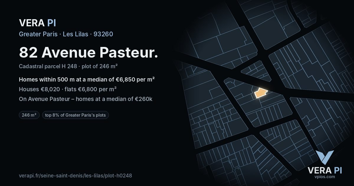 82 Avenue Pasteur, Les Lilas at night – the plot lit, the parcels around coloured by the prices near them