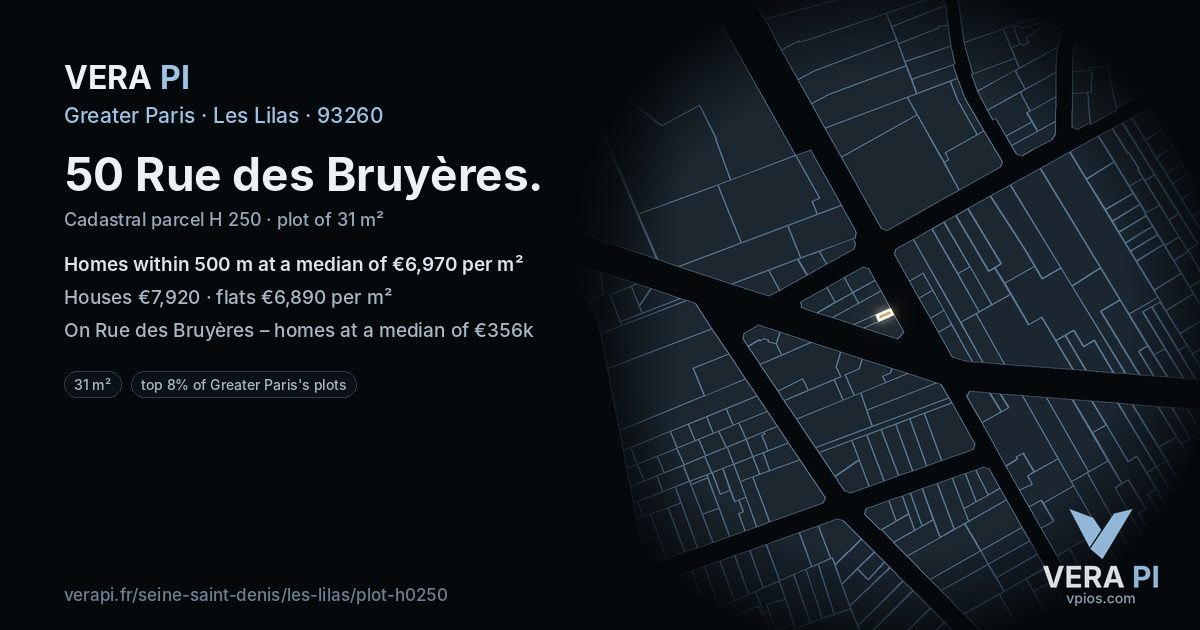 50 Rue des Bruyères, Les Lilas at night – the plot lit, the parcels around coloured by the prices near them