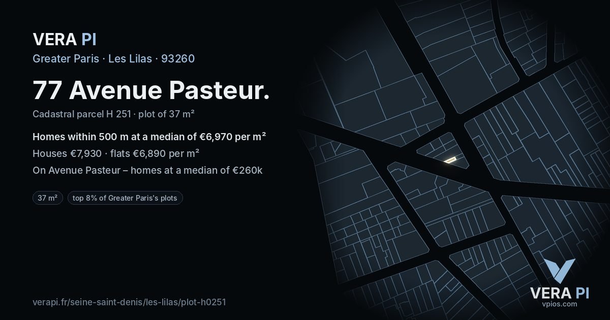 77 Avenue Pasteur, Les Lilas at night – the plot lit, the parcels around coloured by the prices near them