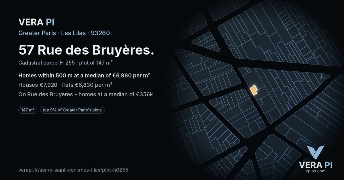 57 Rue des Bruyères, Les Lilas at night – the plot lit, the parcels around coloured by the prices near them