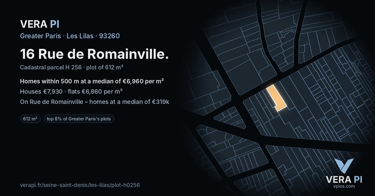 16 Rue de Romainville, Les Lilas at night – the plot lit, the parcels around coloured by the prices near them