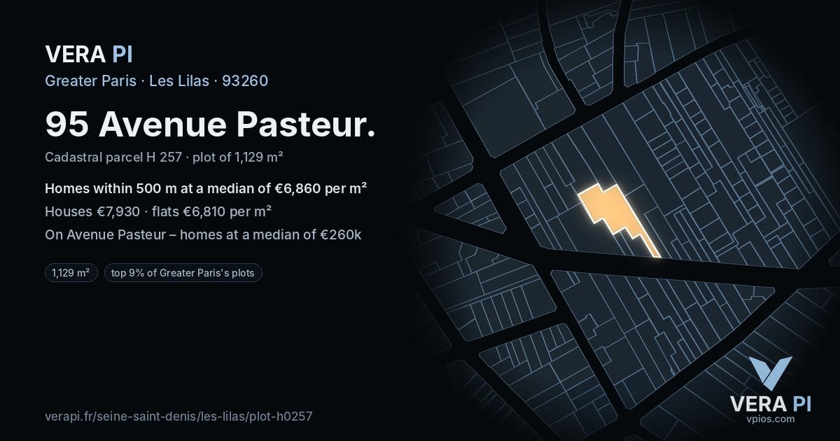 95 Avenue Pasteur, Les Lilas at night – the plot lit, the parcels around coloured by the prices near them