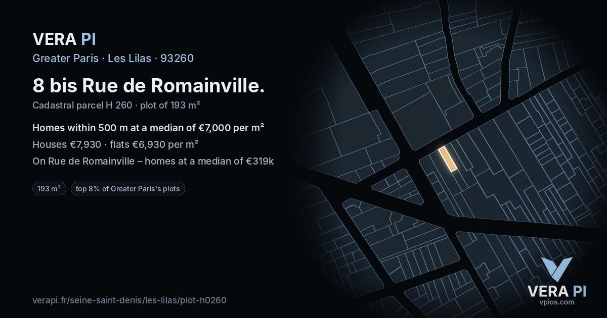 8 bis Rue de Romainville, Les Lilas at night – the plot lit, the parcels around coloured by the prices near them