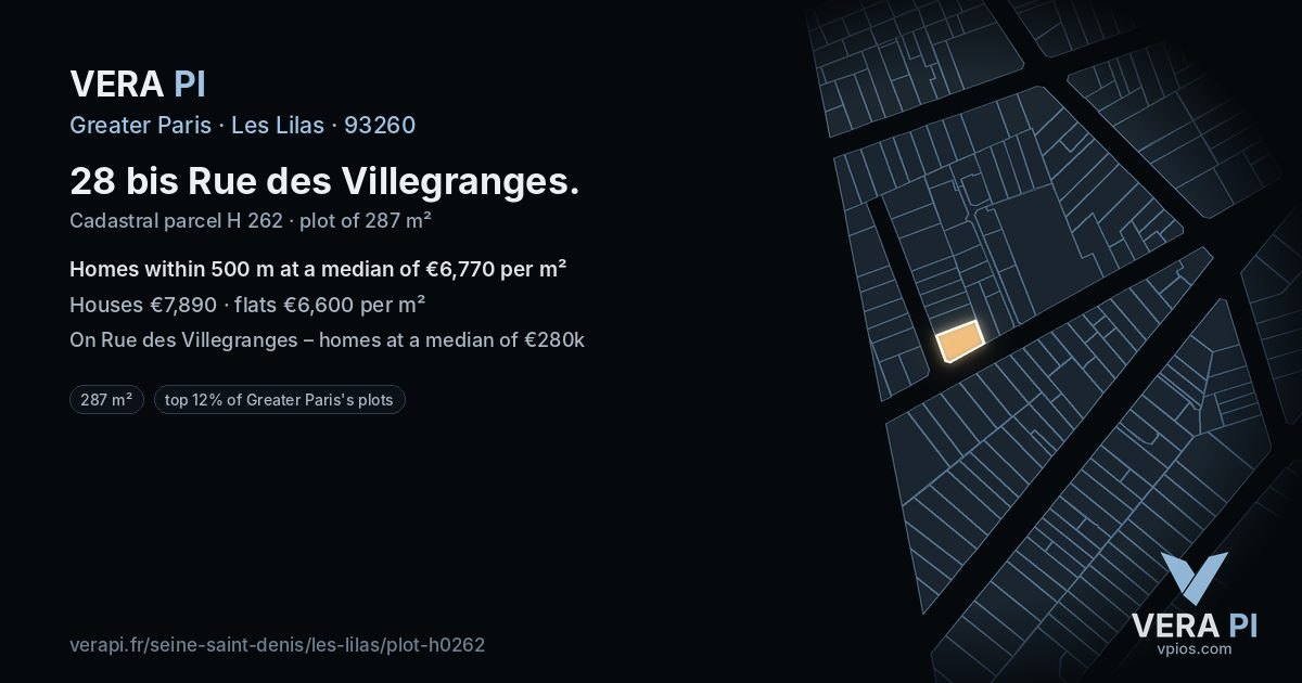 28 bis Rue des Villegranges, Les Lilas at night – the plot lit, the parcels around coloured by the prices near them