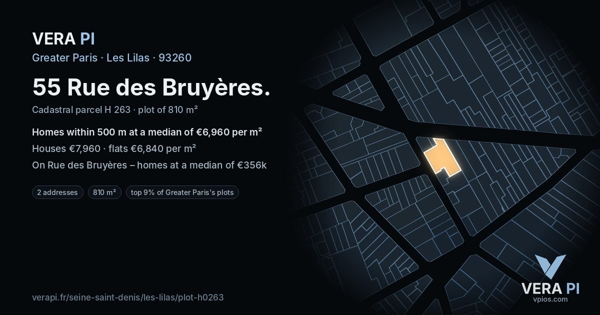 55 Rue des Bruyères, Les Lilas at night – the plot lit, the parcels around coloured by the prices near them