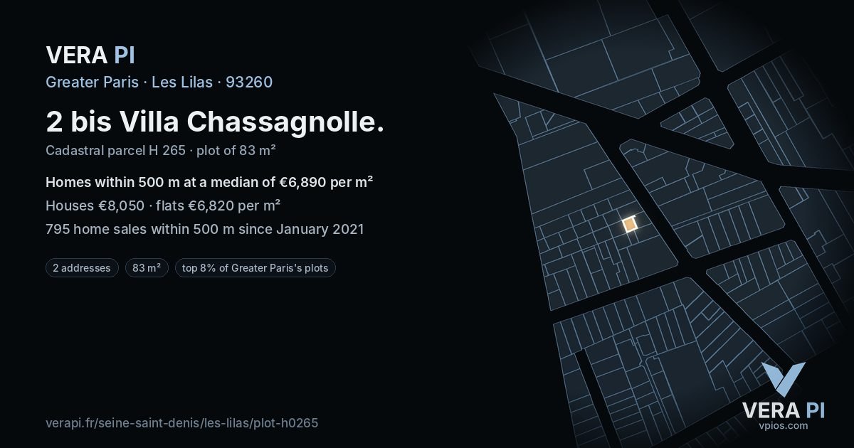 2 bis Villa Chassagnolle, Les Lilas at night – the plot lit, the parcels around coloured by the prices near them