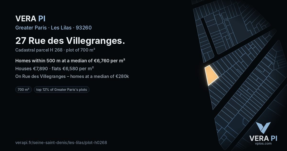 27 Rue des Villegranges, Les Lilas at night – the plot lit, the parcels around coloured by the prices near them