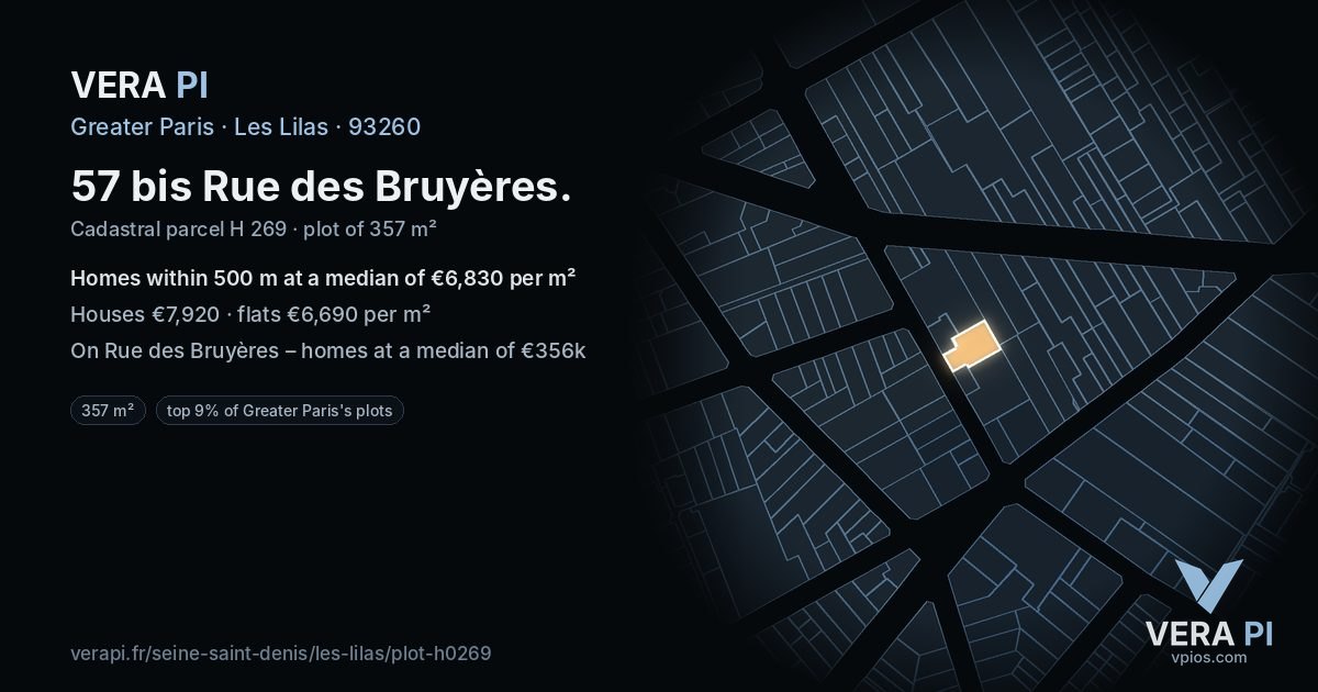 57 bis Rue des Bruyères, Les Lilas at night – the plot lit, the parcels around coloured by the prices near them