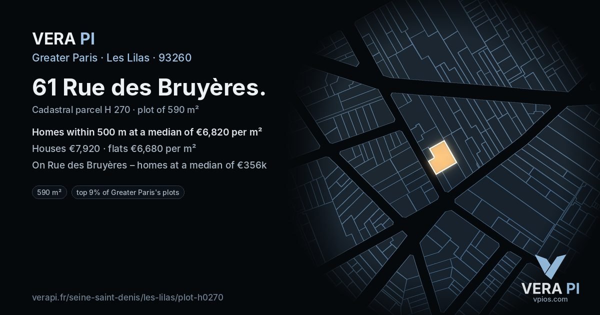 61 Rue des Bruyères, Les Lilas at night – the plot lit, the parcels around coloured by the prices near them