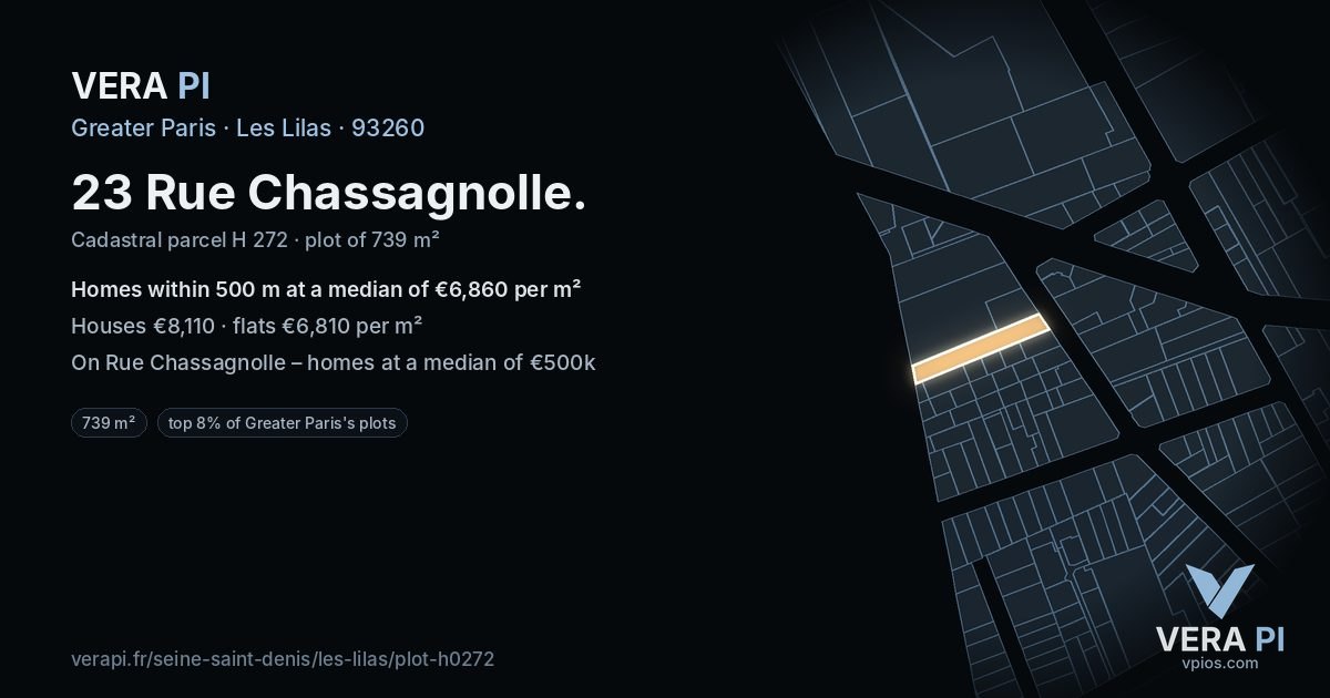23 Rue Chassagnolle, Les Lilas at night – the plot lit, the parcels around coloured by the prices near them