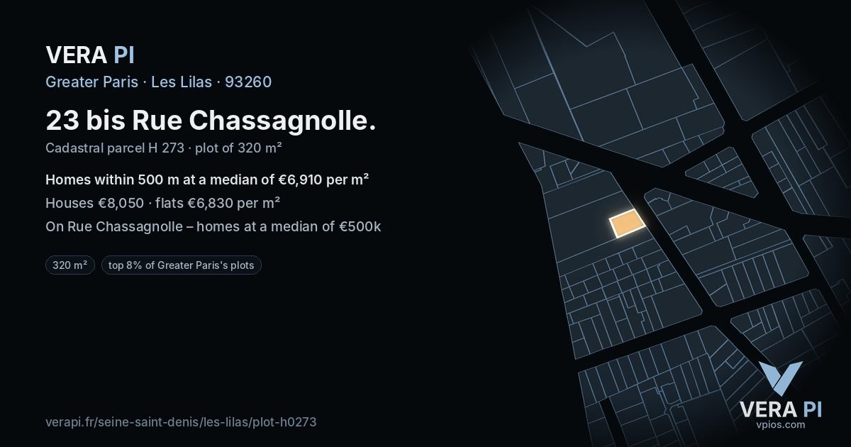 23 bis Rue Chassagnolle, Les Lilas at night – the plot lit, the parcels around coloured by the prices near them