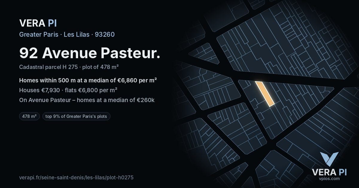 92 Avenue Pasteur, Les Lilas at night – the plot lit, the parcels around coloured by the prices near them