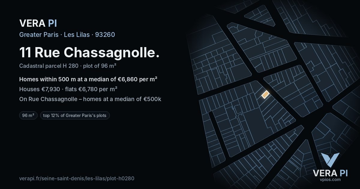 11 Rue Chassagnolle, Les Lilas at night – the plot lit, the parcels around coloured by the prices near them