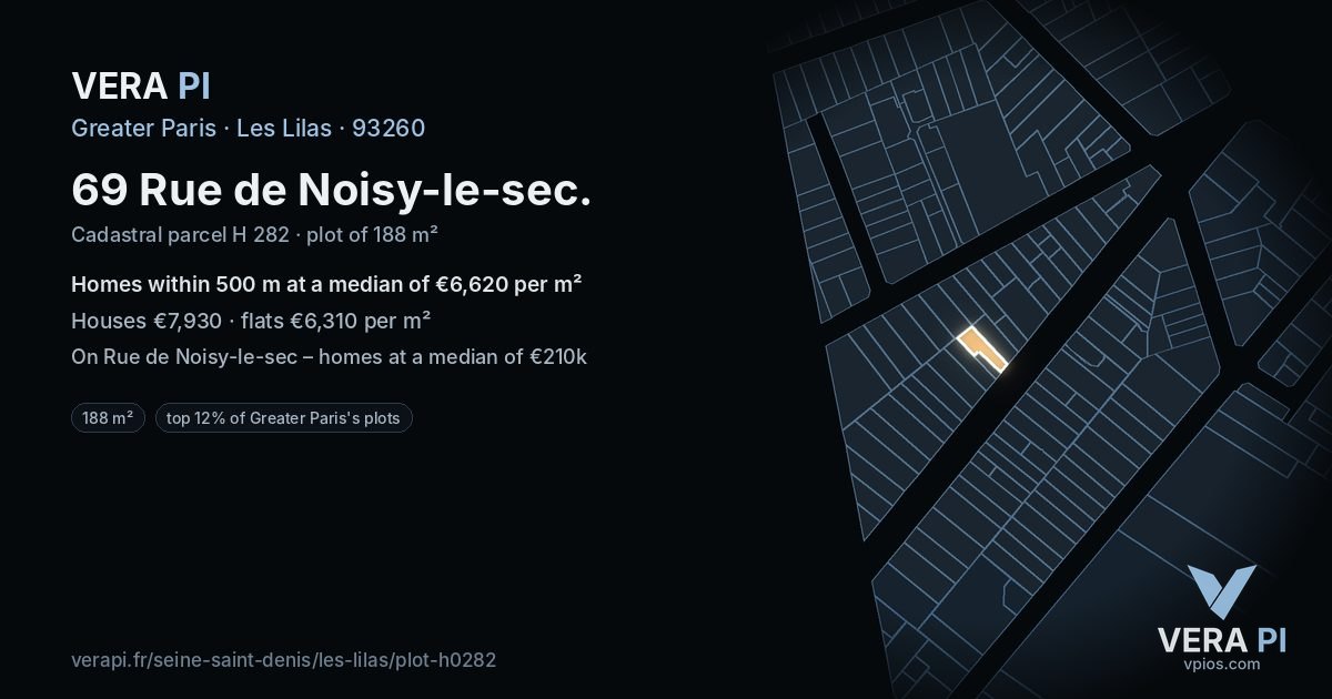 69 Rue de Noisy-le-sec, Les Lilas at night – the plot lit, the parcels around coloured by the prices near them