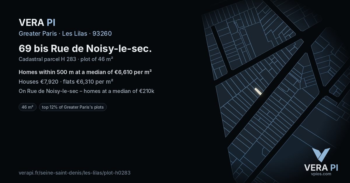 69 bis Rue de Noisy-le-sec, Les Lilas at night – the plot lit, the parcels around coloured by the prices near them
