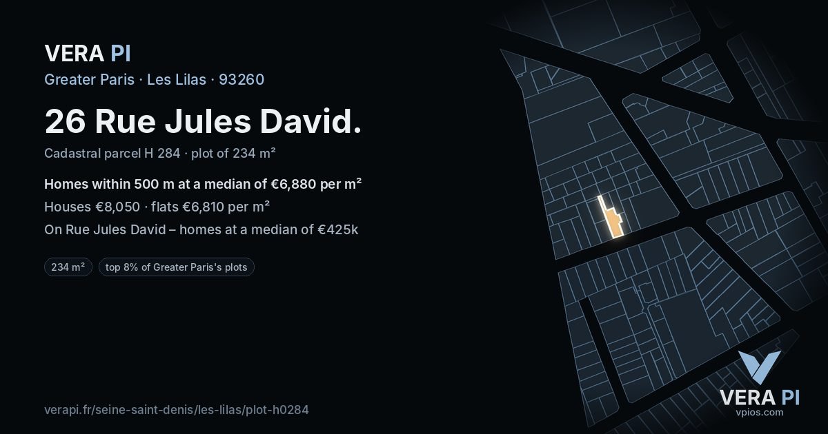 26 Rue Jules David, Les Lilas at night – the plot lit, the parcels around coloured by the prices near them