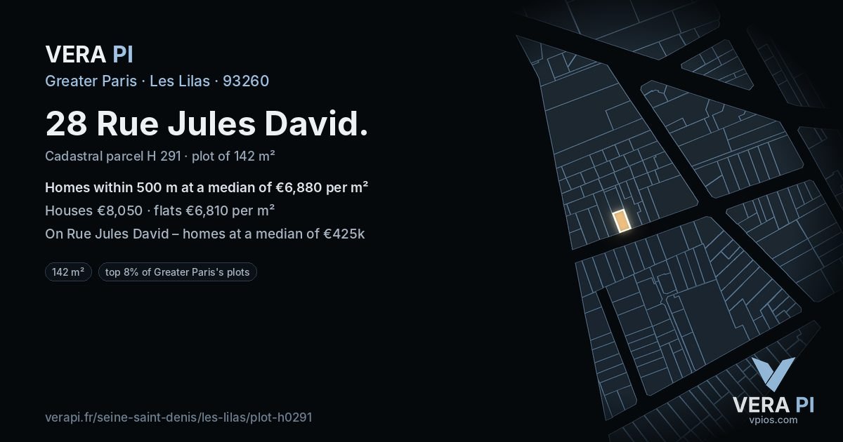 28 Rue Jules David, Les Lilas at night – the plot lit, the parcels around coloured by the prices near them