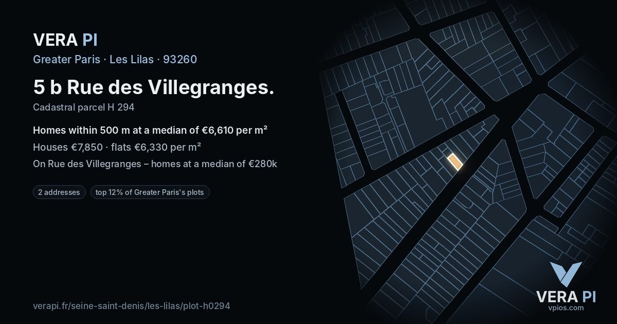 5 b Rue des Villegranges, Les Lilas at night – the plot lit, the parcels around coloured by the prices near them