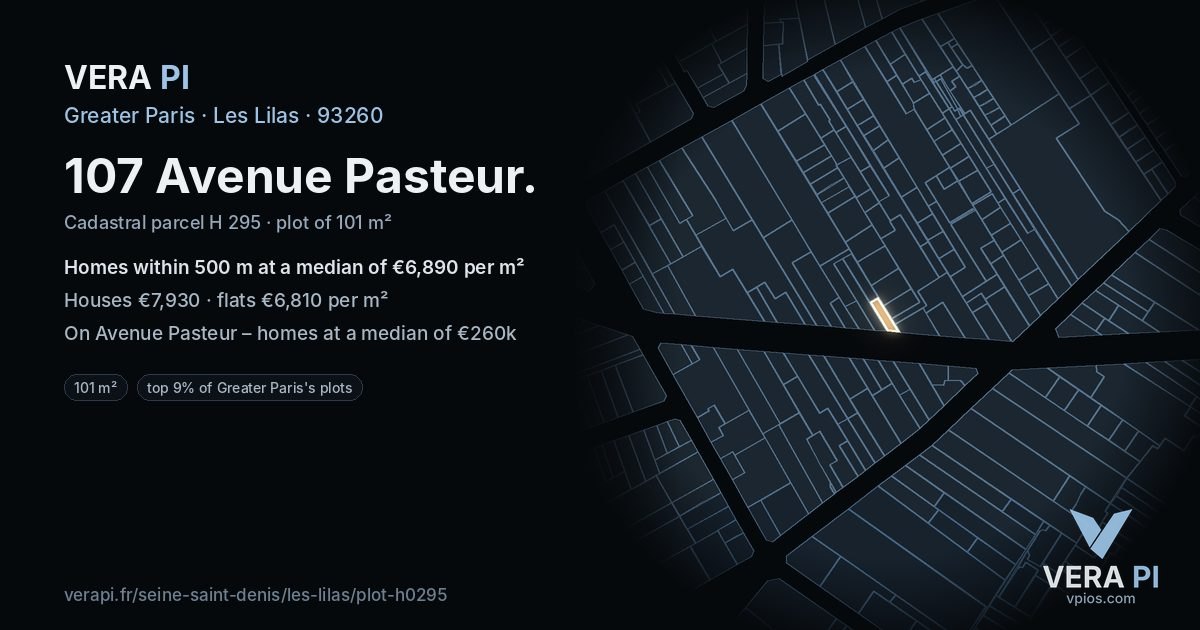 107 Avenue Pasteur, Les Lilas at night – the plot lit, the parcels around coloured by the prices near them