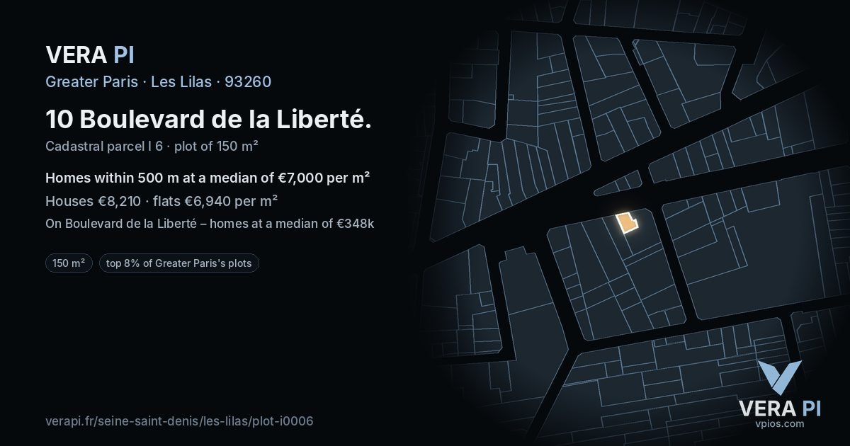 10 Boulevard de la Liberté, Les Lilas at night – the plot lit, the parcels around coloured by the prices near them
