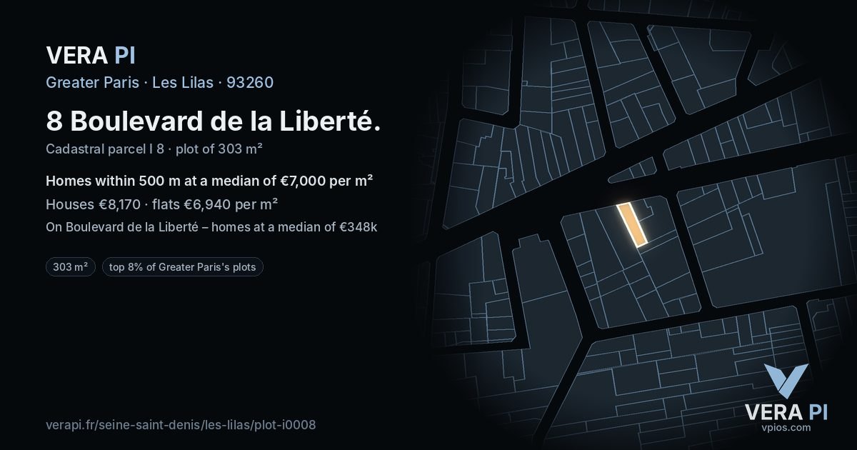 8 Boulevard de la Liberté, Les Lilas at night – the plot lit, the parcels around coloured by the prices near them