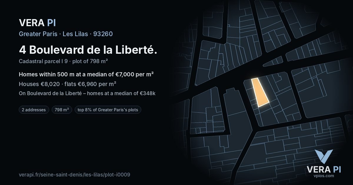 4 Boulevard de la Liberté, Les Lilas at night – the plot lit, the parcels around coloured by the prices near them