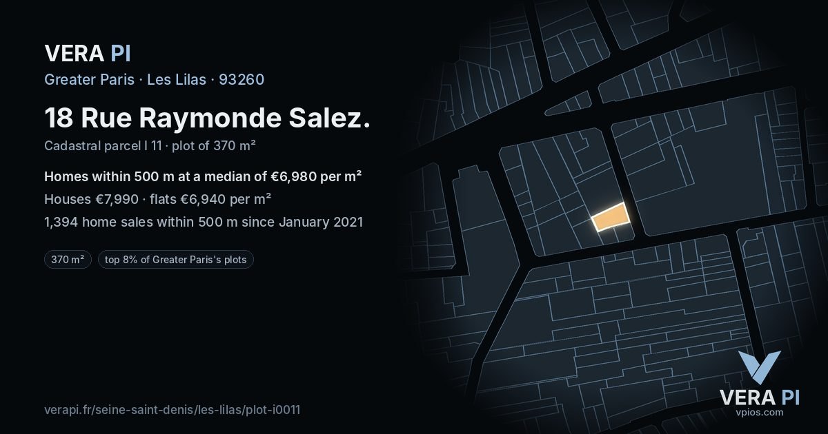18 Rue Raymonde Salez, Les Lilas at night – the plot lit, the parcels around coloured by the prices near them