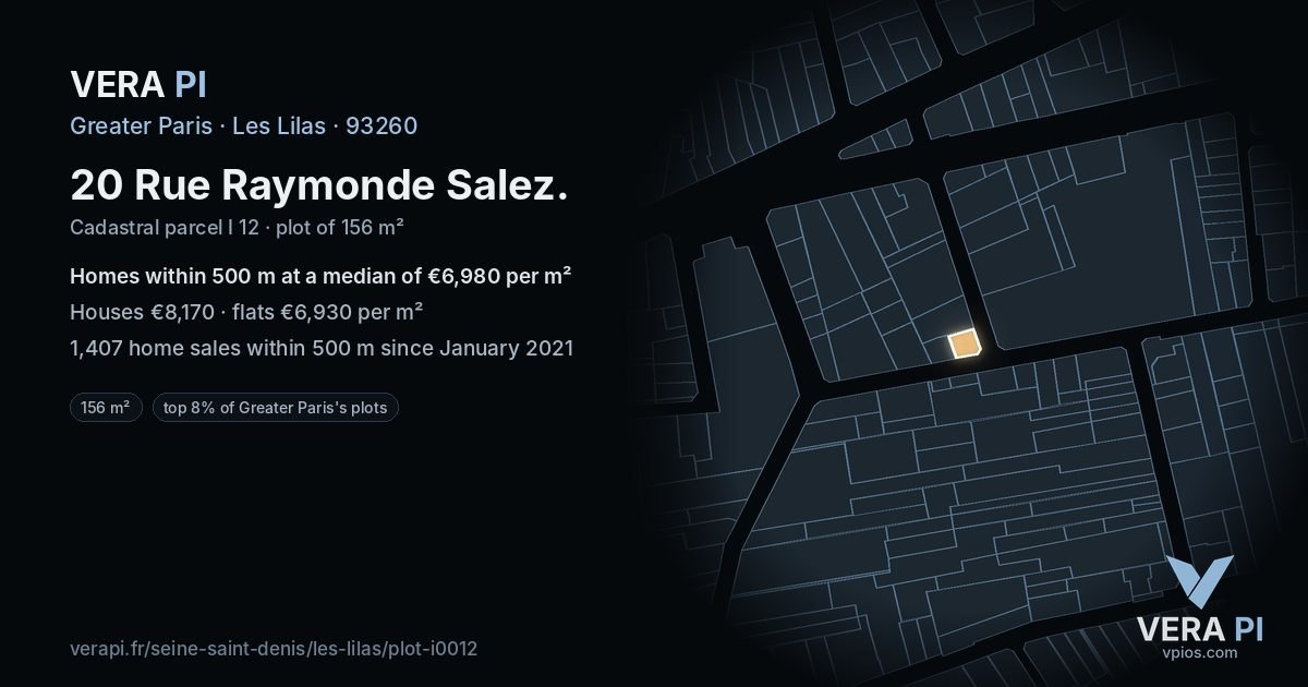 20 Rue Raymonde Salez, Les Lilas at night – the plot lit, the parcels around coloured by the prices near them
