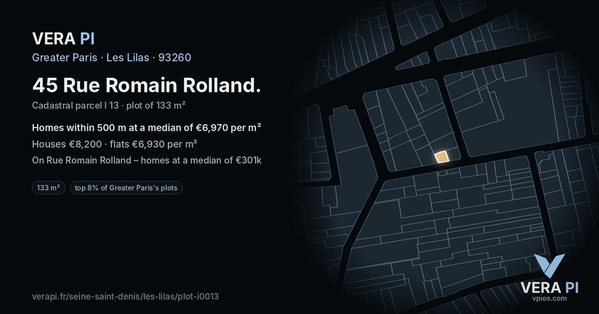45 Rue Romain Rolland, Les Lilas at night – the plot lit, the parcels around coloured by the prices near them
