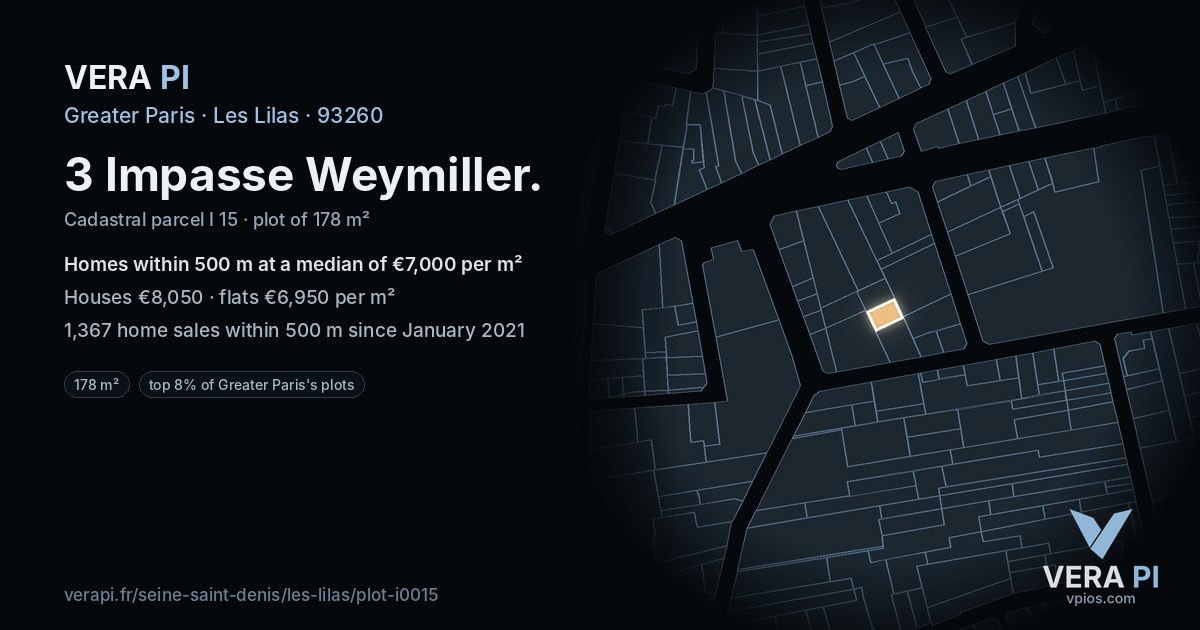 3 Impasse Weymiller, Les Lilas at night – the plot lit, the parcels around coloured by the prices near them