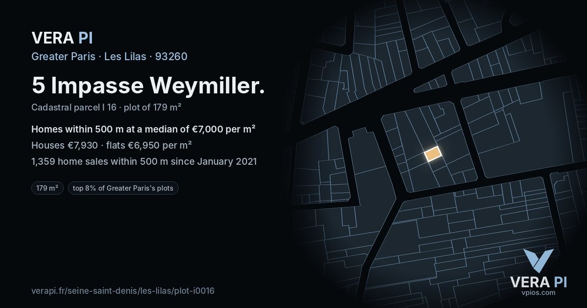 5 Impasse Weymiller, Les Lilas at night – the plot lit, the parcels around coloured by the prices near them
