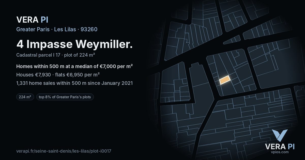 4 Impasse Weymiller, Les Lilas at night – the plot lit, the parcels around coloured by the prices near them