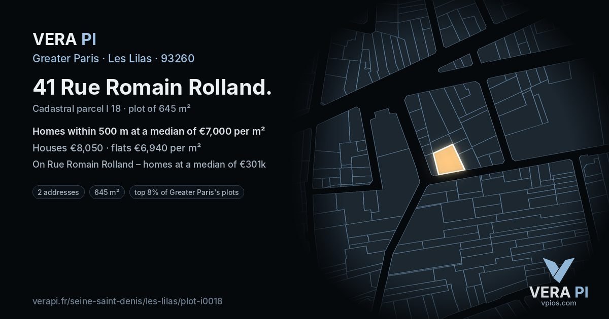 41 Rue Romain Rolland, Les Lilas at night – the plot lit, the parcels around coloured by the prices near them