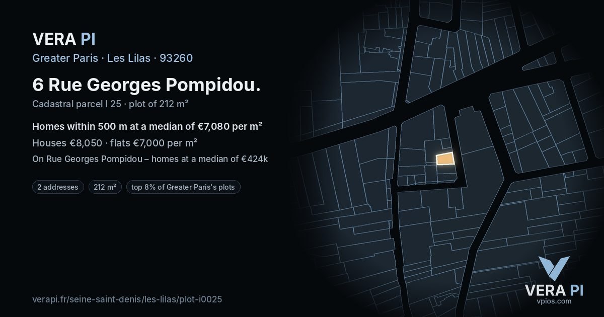6 Rue Georges Pompidou, Les Lilas at night – the plot lit, the parcels around coloured by the prices near them