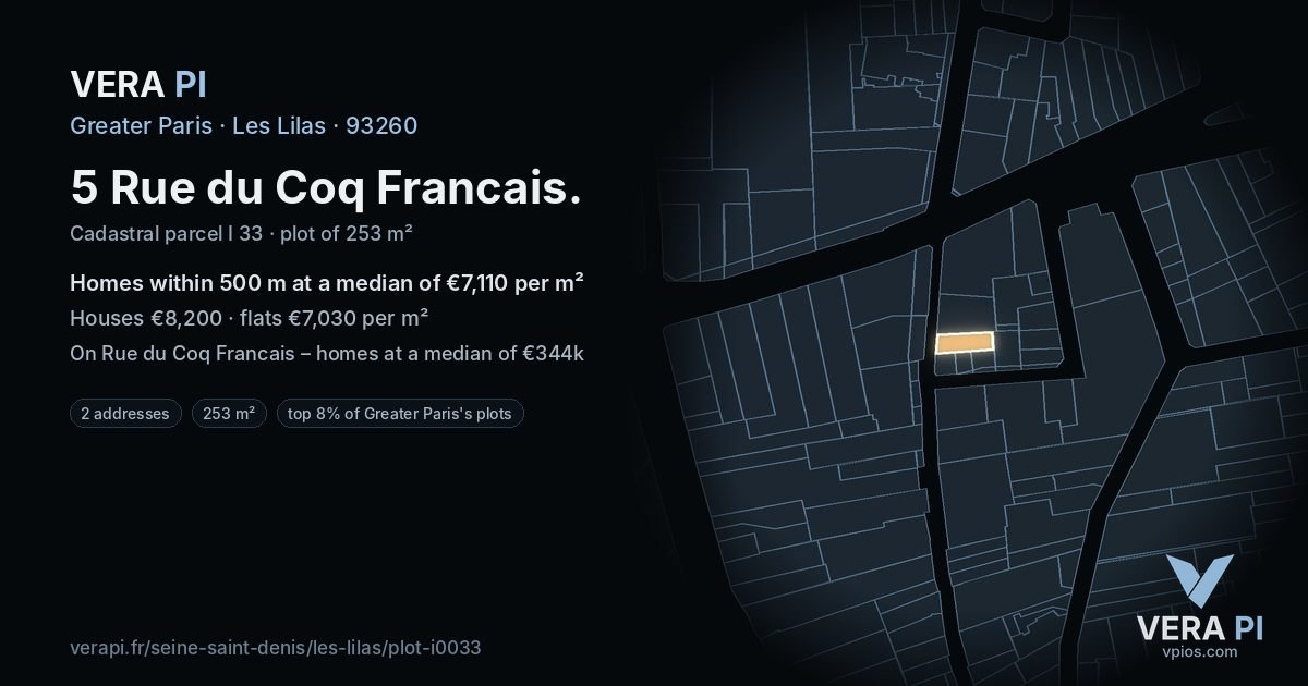 5 Rue du Coq Francais, Les Lilas at night – the plot lit, the parcels around coloured by the prices near them